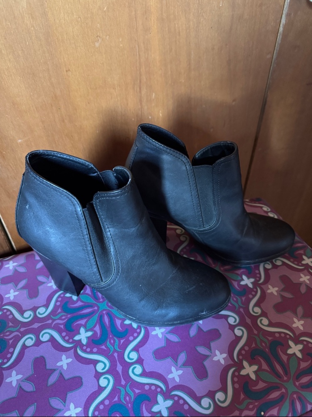 a.n.a Black Leather Ankle Booties with Block Heel